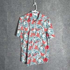 Projek Raw Shirt Mens Medium White Red Blue Tropical Palm Hummingbird Button Up